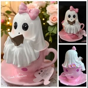 Halloween Ghost Girl In Teacup Reading Book Pink Coquette Bow Polka Dot Flowers